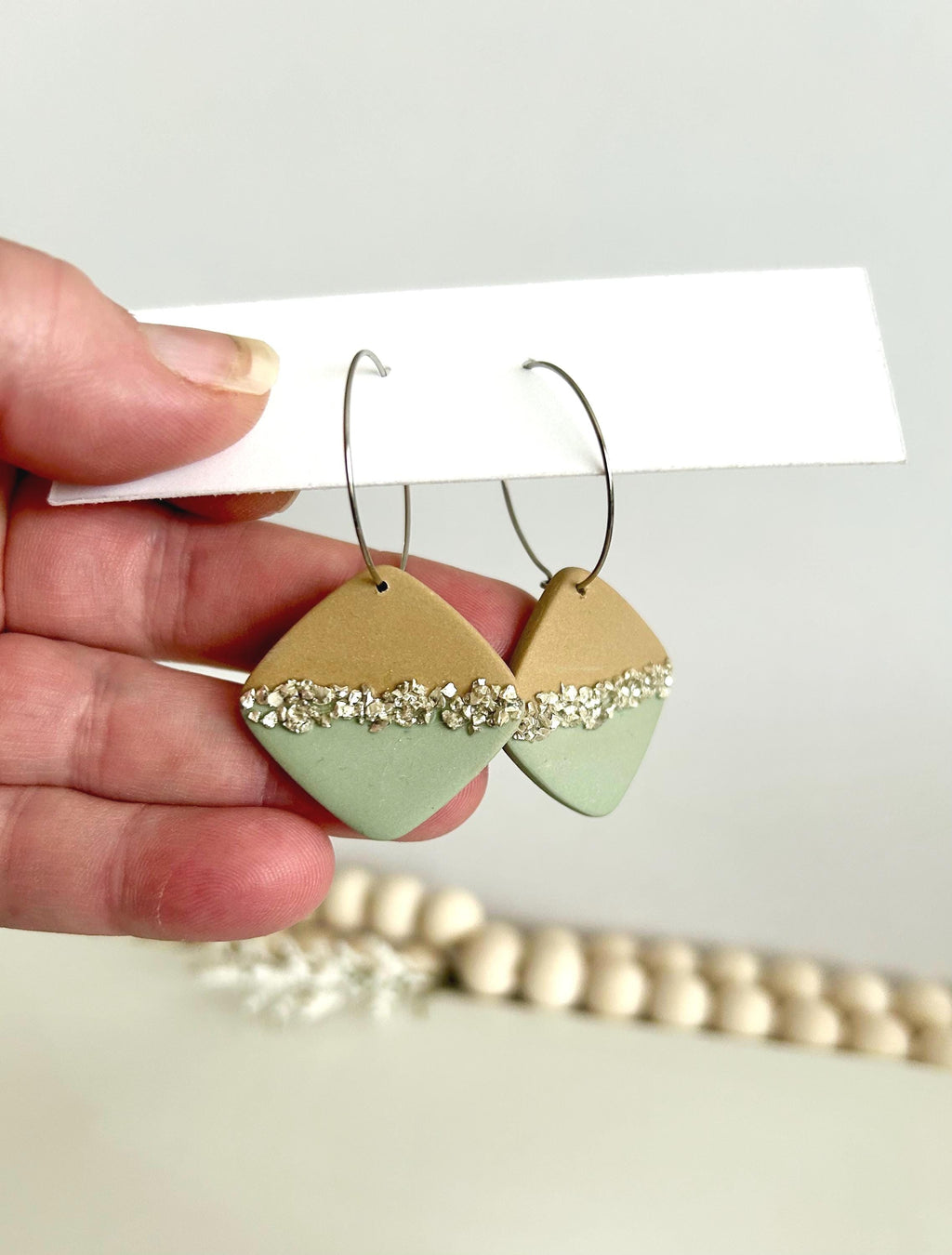 Sage & Latte Dangles, Clay and Glass Dangle Earrings, Neutral Hoops, Handmade Fashion Boho Jewelry
