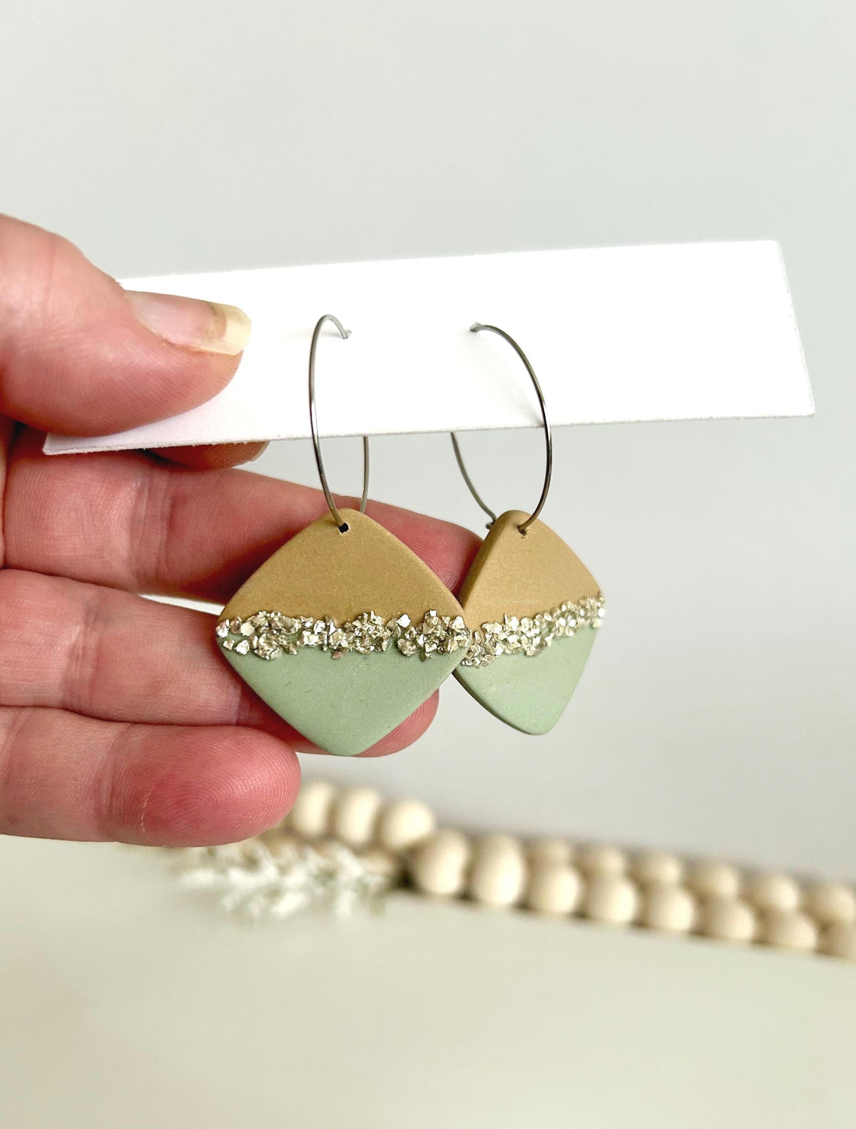 Sage & Latte Dangles, Clay and Glass Dangle Earrings, Neutral Hoops, Handmade Fashion Boho Jewelry