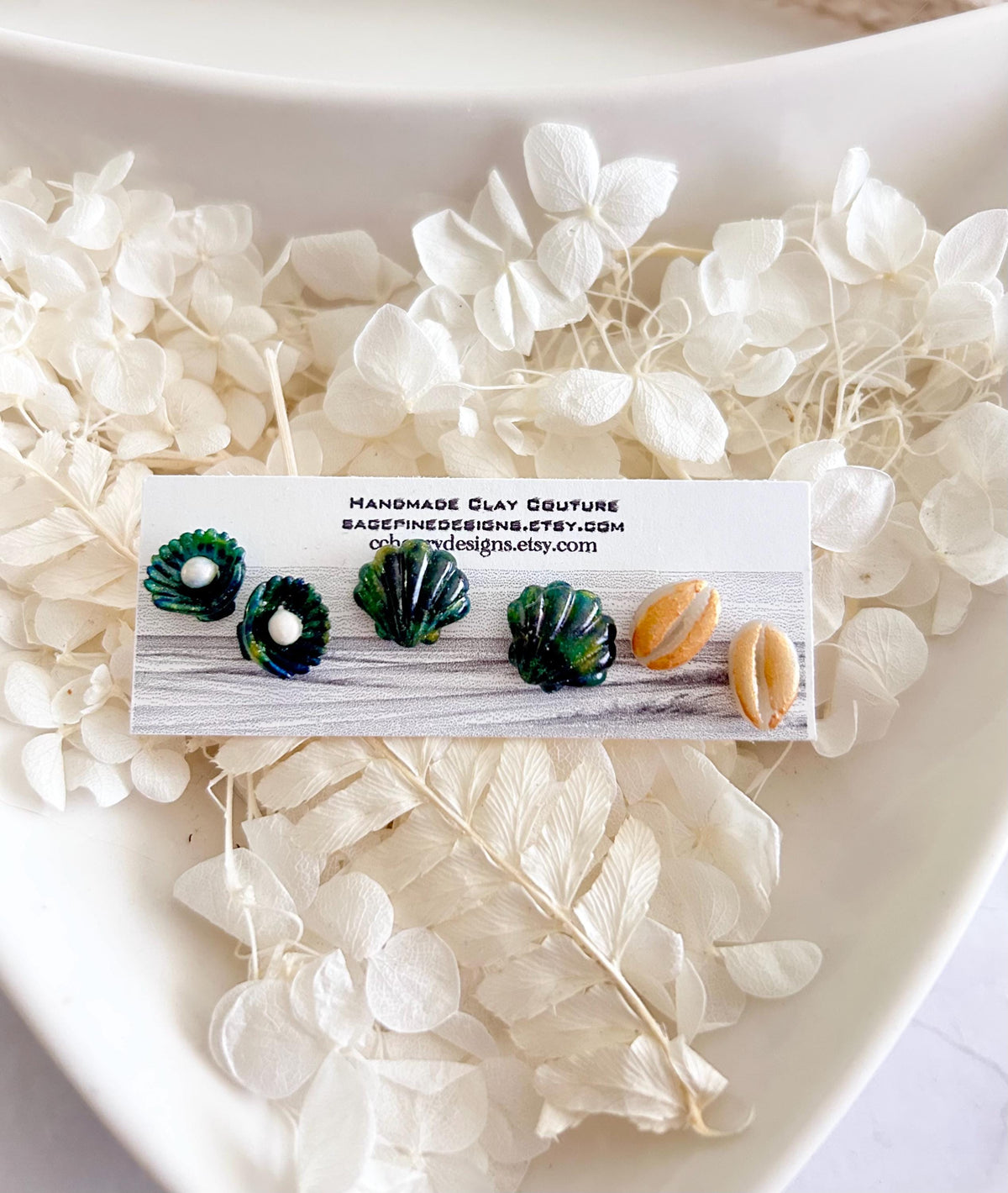 Cowrie Abalone Beach Studs, Coastal Shell Stud Set, Handmade Clay Summer Vacation Jewelry
