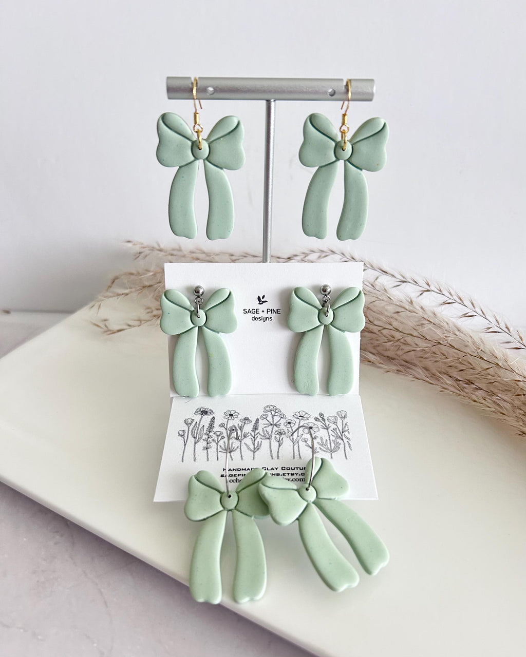 Sage Green Bow Earrings, Fall Statement Hoop Dangles, Boho Clay Handmade Jewelry