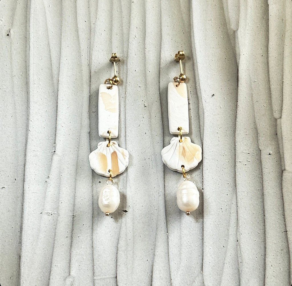Seashell Earrings, Cream and White Clay Dangles, Coastal Beach Vacation Handmade Jewelry