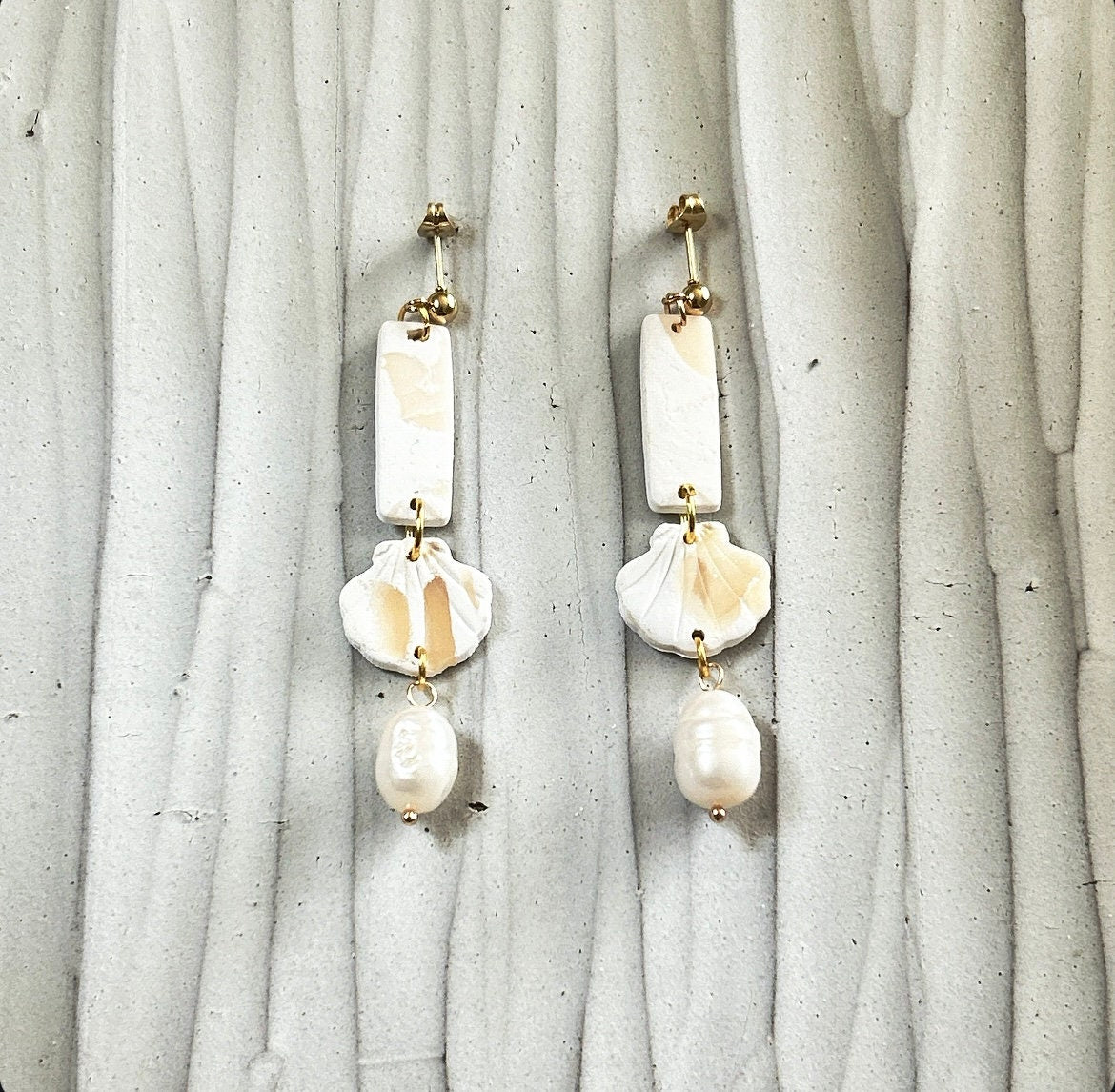 Seashell Earrings, Cream and White Clay Dangles, Coastal Beach Vacation Handmade Jewelry