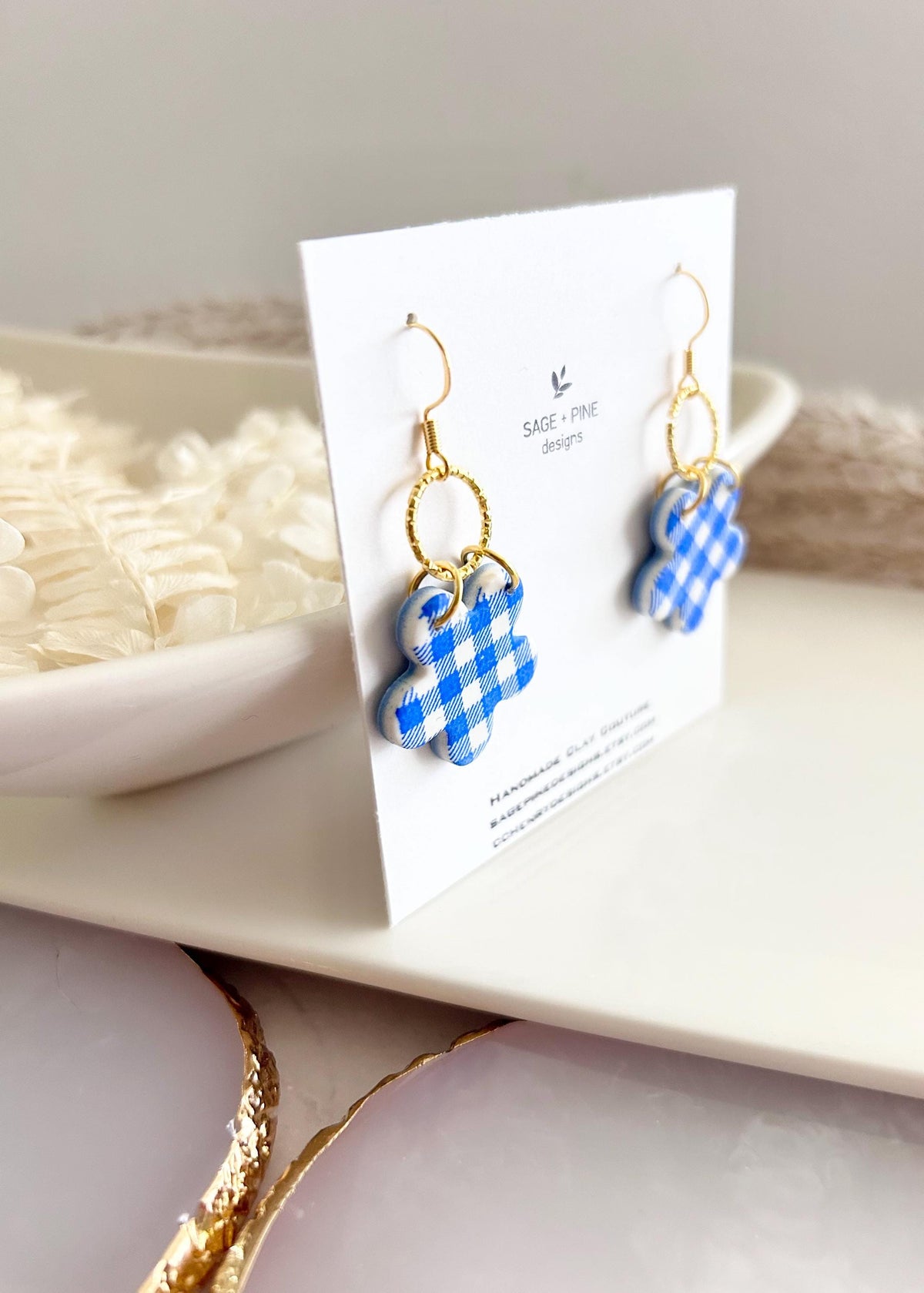 Yellow and Gold Daisy Gingham Clay Earrings, Plaid Dangles, Lightweight Hypoallergenic
