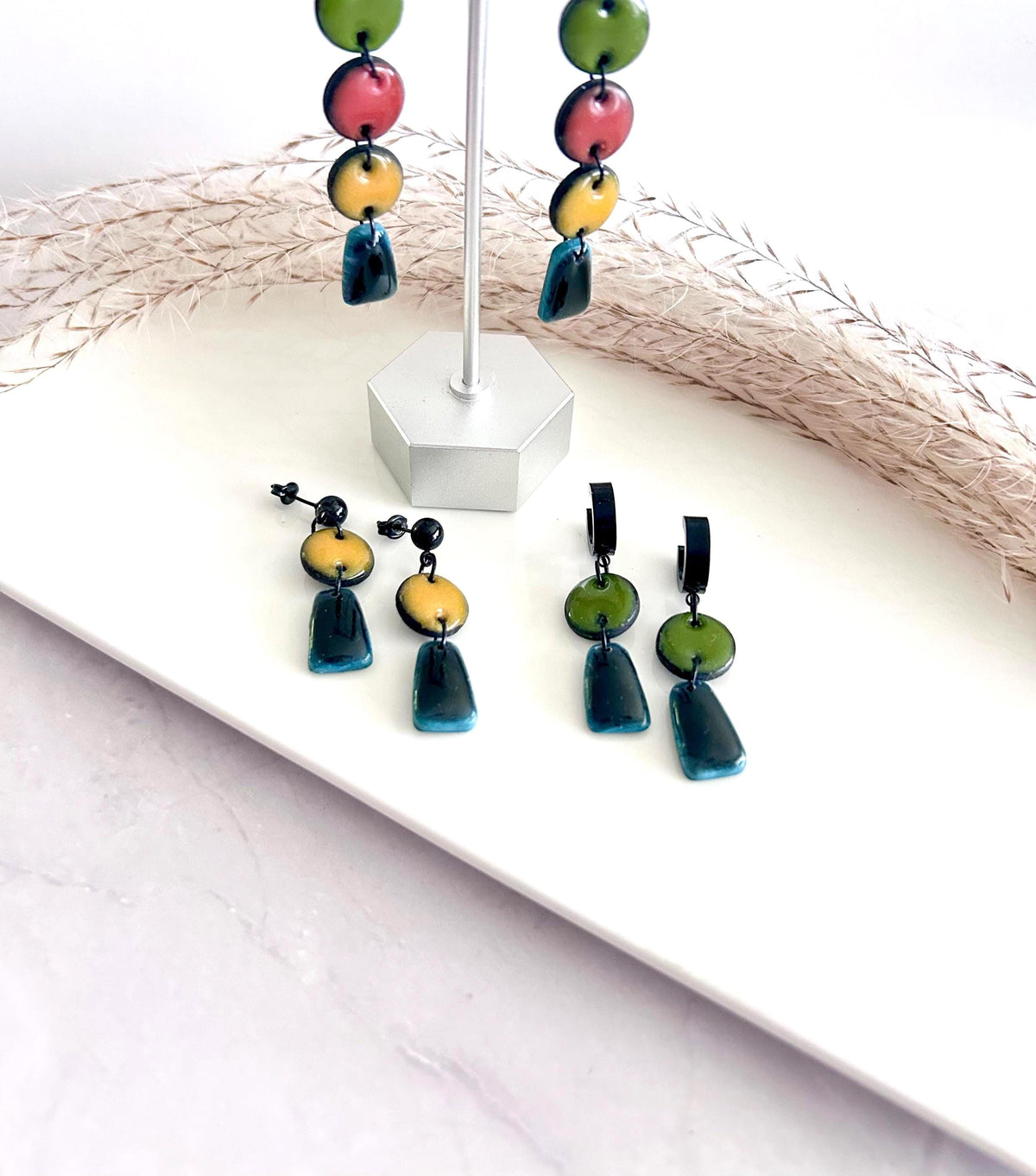 Olive Mustard Huggie Hoops, Bold Modern Earrings, Black Clay Dangles, Handmade Lightweight