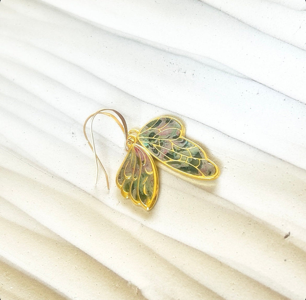 Handmade Clay Wing Earrings, Gold Dangles, Small Lightweight Boho Jewelry