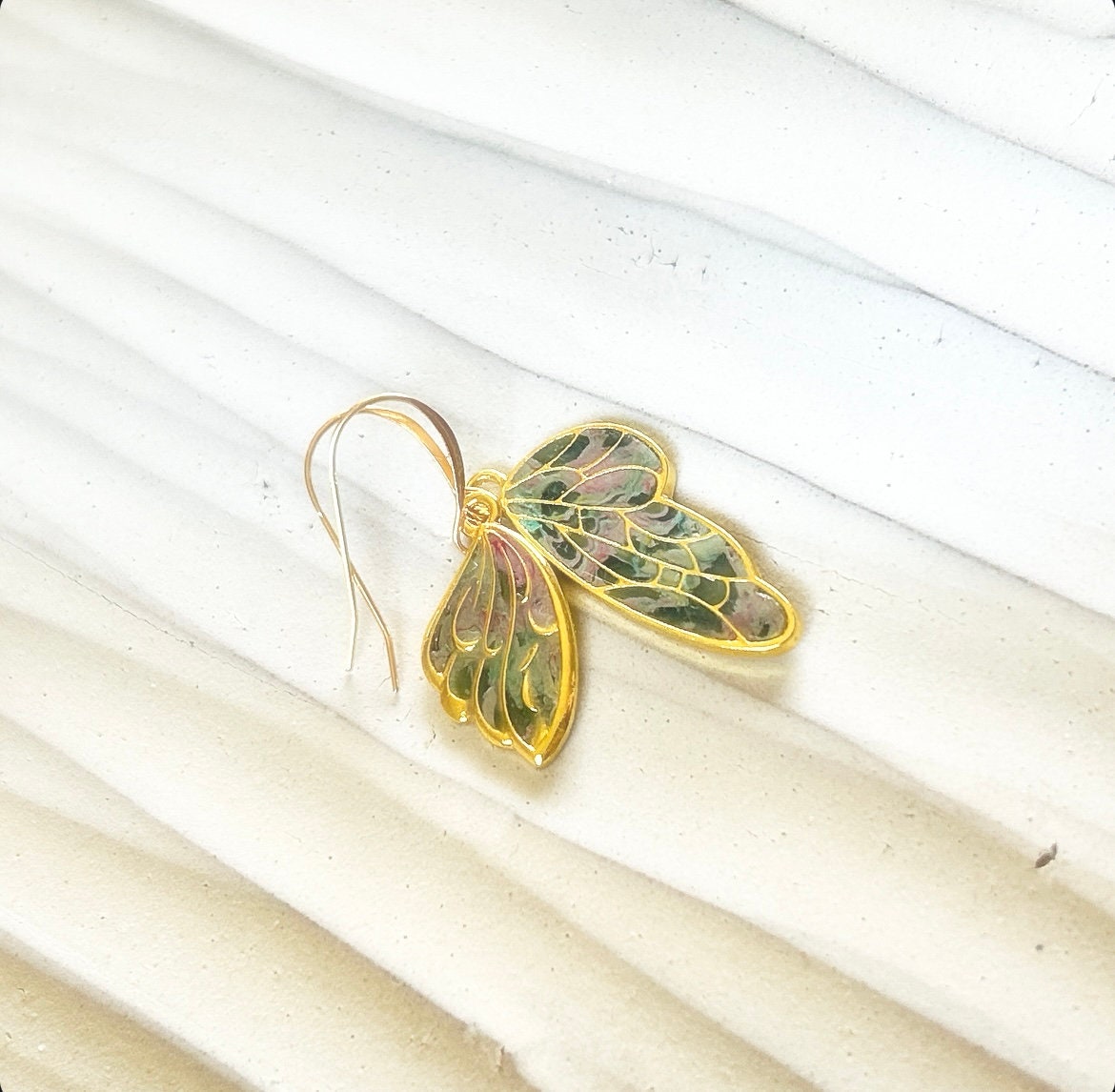 Handmade Clay Wing Earrings, Gold Dangles, Small Lightweight Boho Jewelry