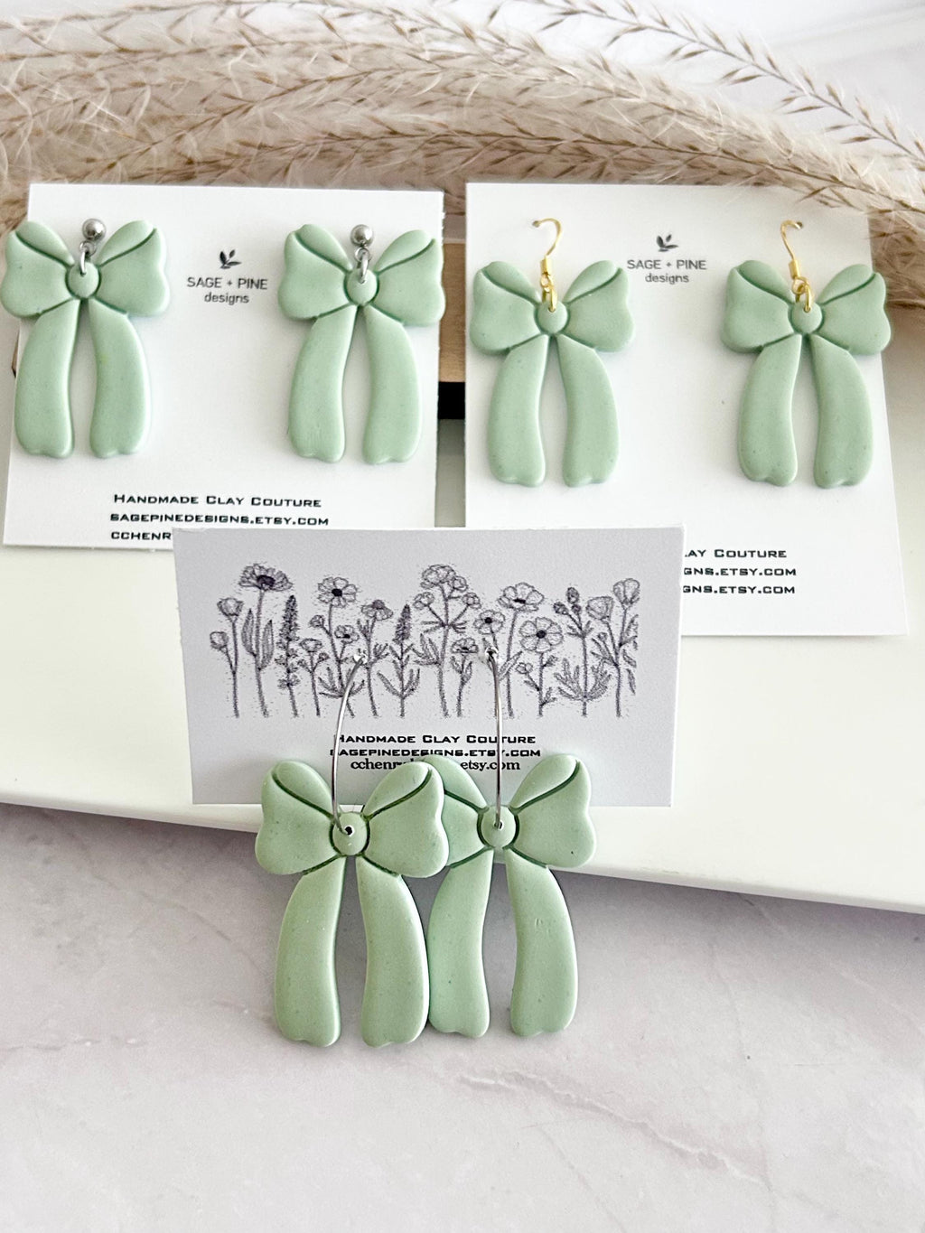Sage Green Bow Earrings, Fall Statement Hoop Dangles, Boho Clay Handmade Jewelry