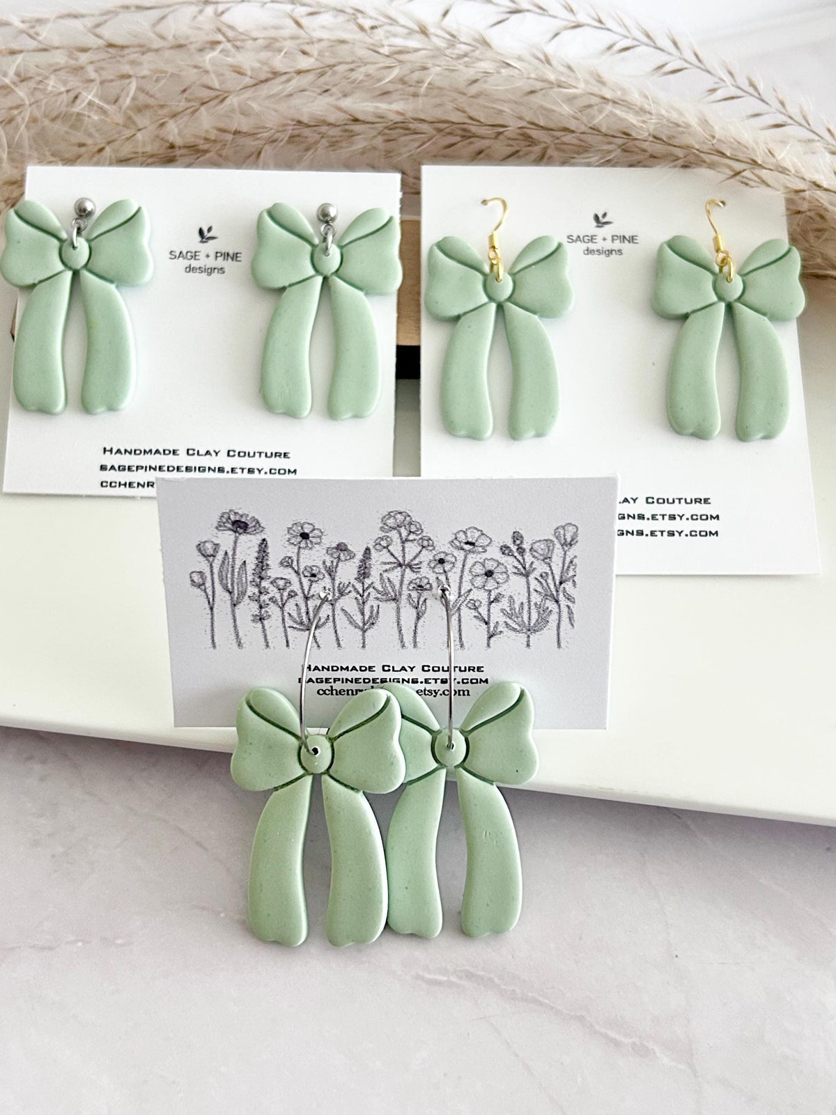 Sage Green Bow Earrings, Fall Statement Hoop Dangles, Boho Clay Handmade Jewelry