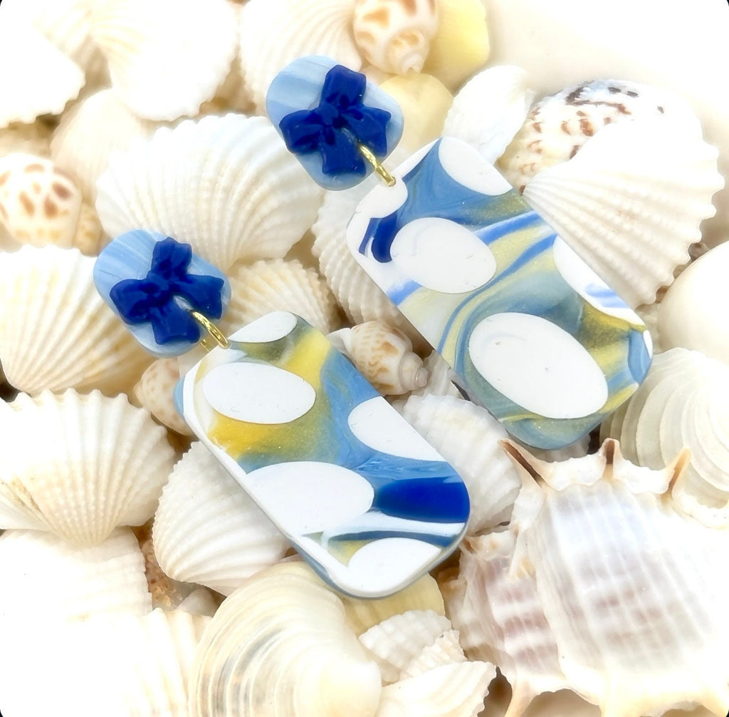 Cobalt Blue Polka Dot Stud Dangles, Gold White Clay Earrings, Handmade Fashion Clay Jewelry