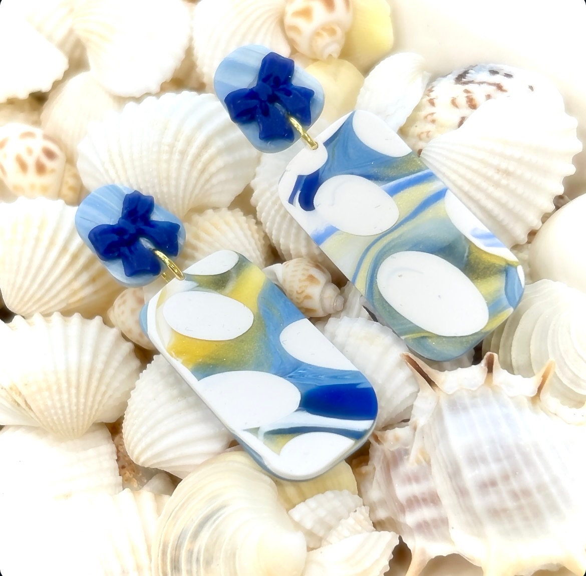 Cobalt Blue Polka Dot Stud Dangles, Gold White Clay Earrings, Handmade Fashion Clay Jewelry