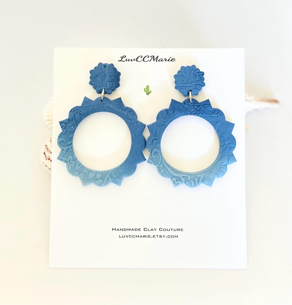 Boho Drop Hoop Earrings, Blue Ombre Statement Dangles, Handmade Clay Unique Gift