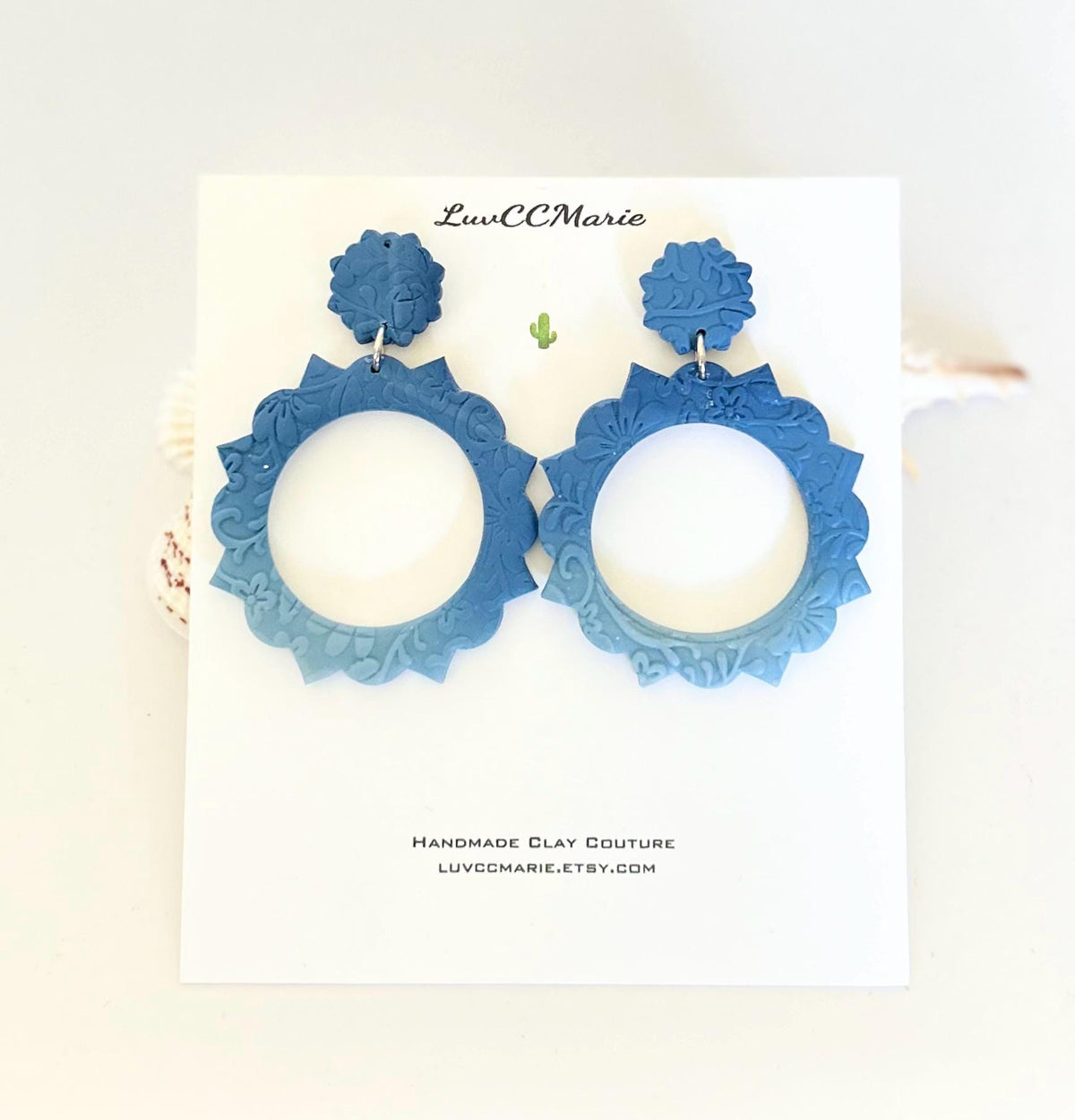 Boho Drop Hoop Earrings, Blue Ombre Statement Dangles, Handmade Clay Unique Gift