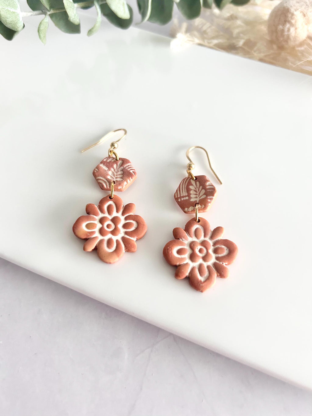 Terracotta Mexican Tile Dangles, Fall Earrings, Clay Bohemian Handmade Lightweight