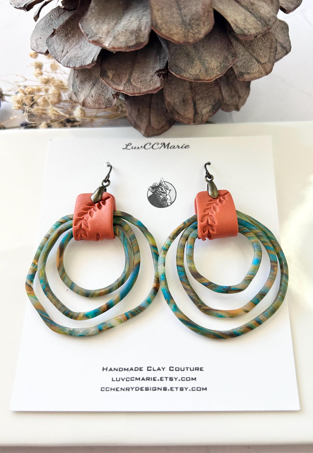 Striped Clay Hoop Dangles, Boho Statement Clay Earrings