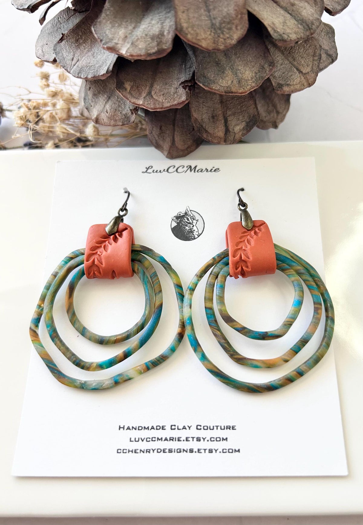 Striped Clay Hoop Dangles, Boho Statement Clay Earrings
