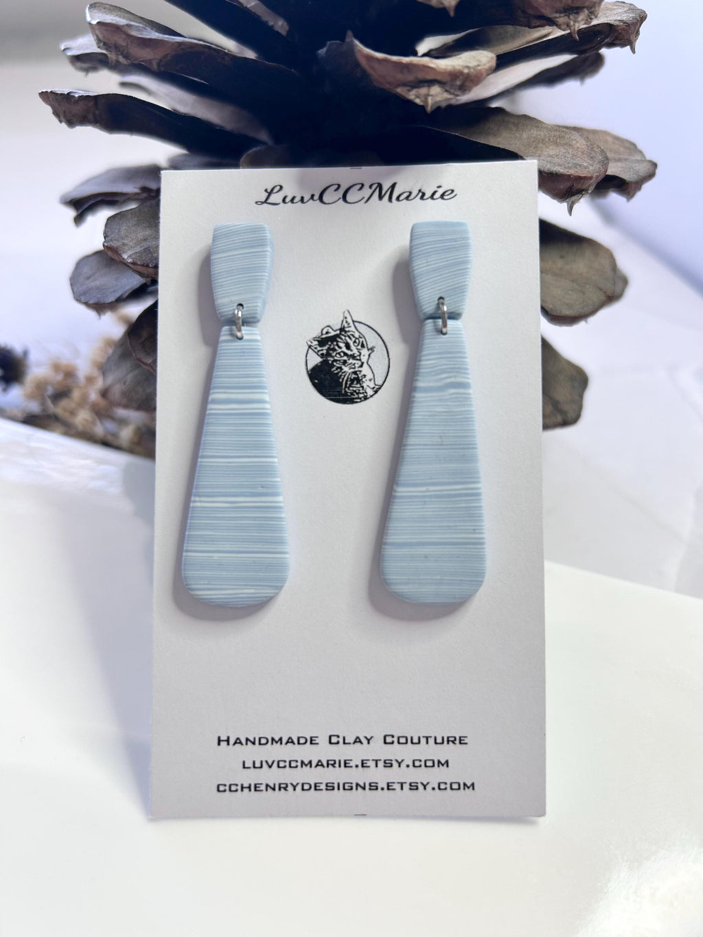 Light Blue and White Striped Dangle Earrings, Dusty Stud Dangles, Handmade Boho Jewelry Gift
