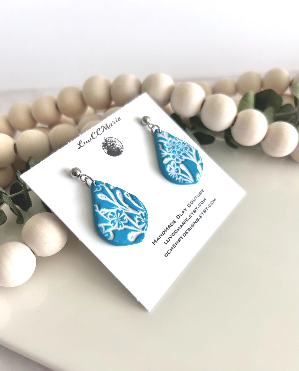 Teal Blue & White Dangle Earrings, Tile Clay Earrings, Boho Floral Dangles, Handmade Lightweight Jewelry