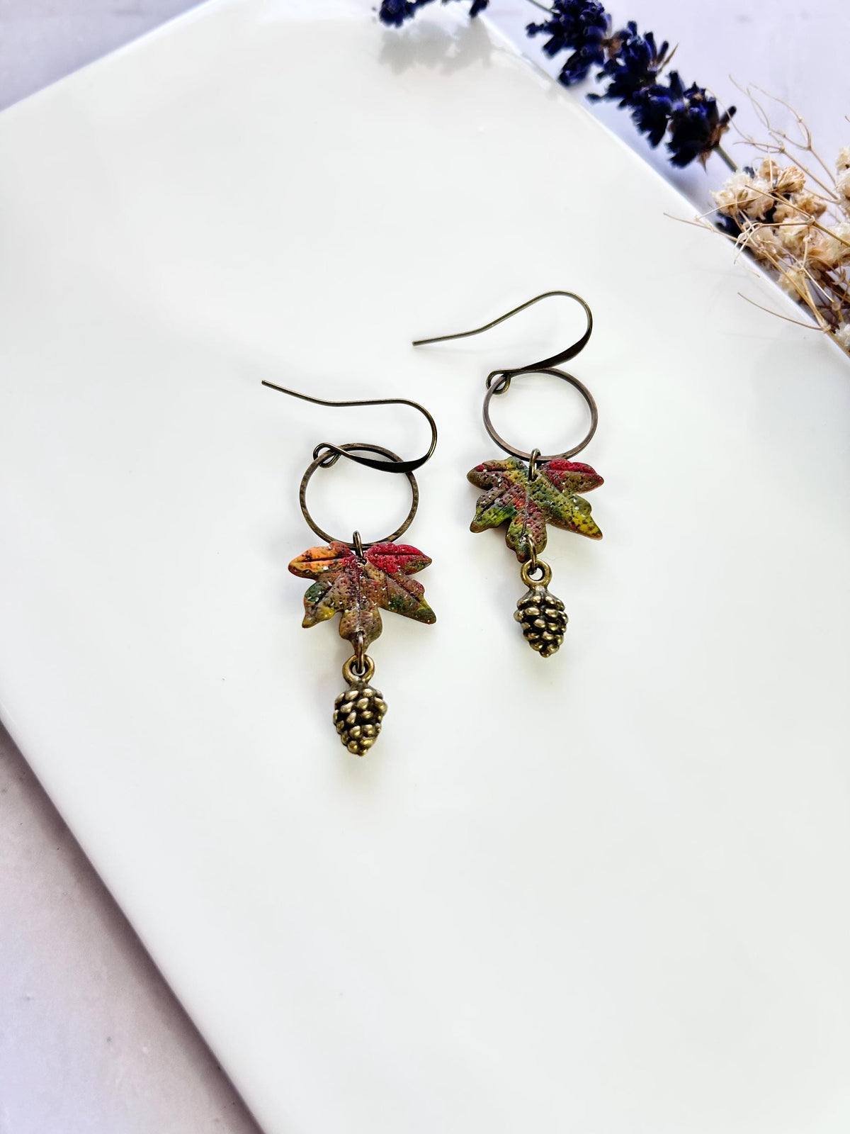 Maple Leaf Clay Earrings, Bronze and Wood Pine Cone Dangles, Handmade Multicolor Fall Jewelry