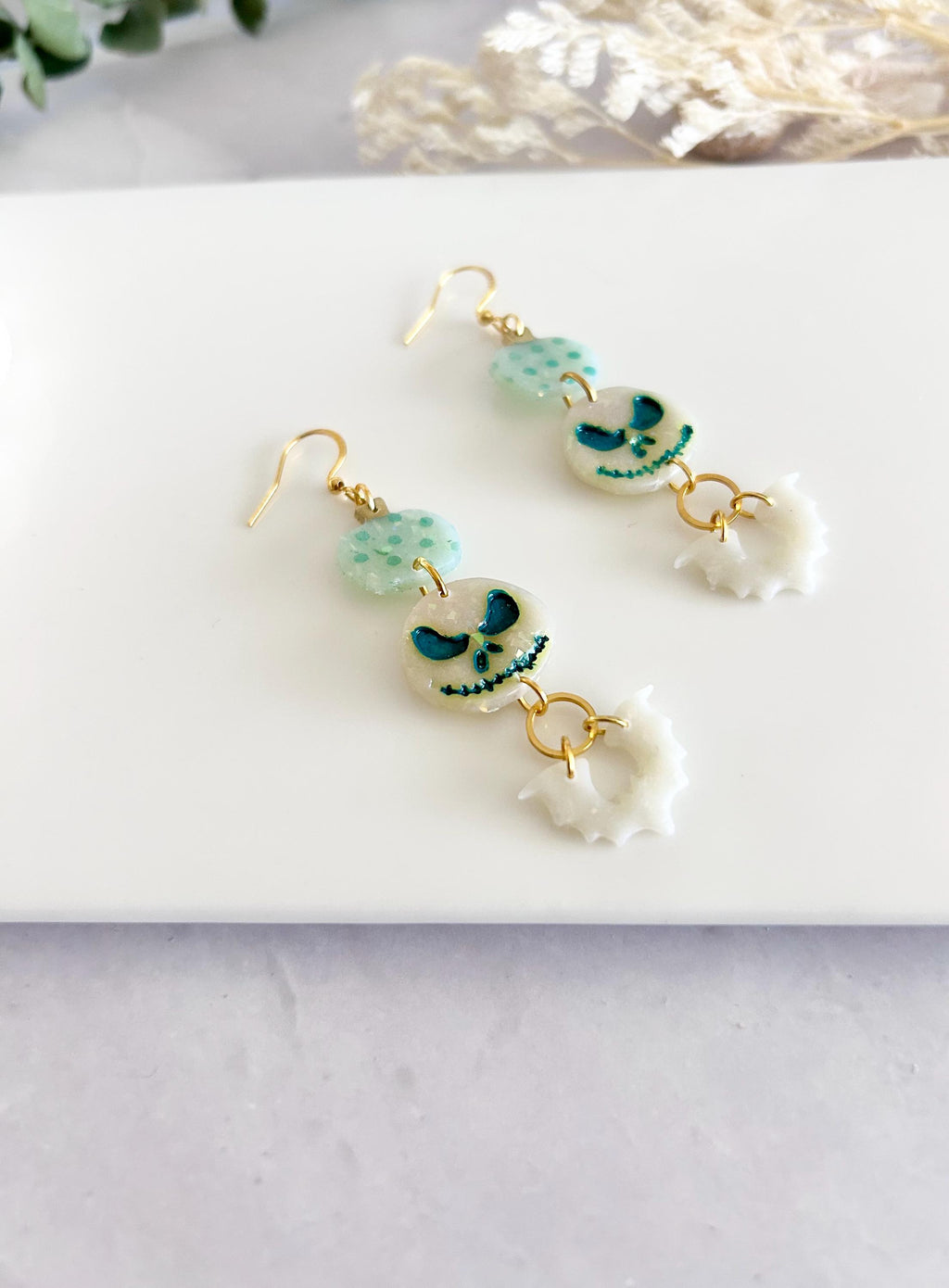 Mint Green Pumpkin Earrings, Skull Bat Long Dangles, Lightweight Hypoallergenic Clay Polka Dot
