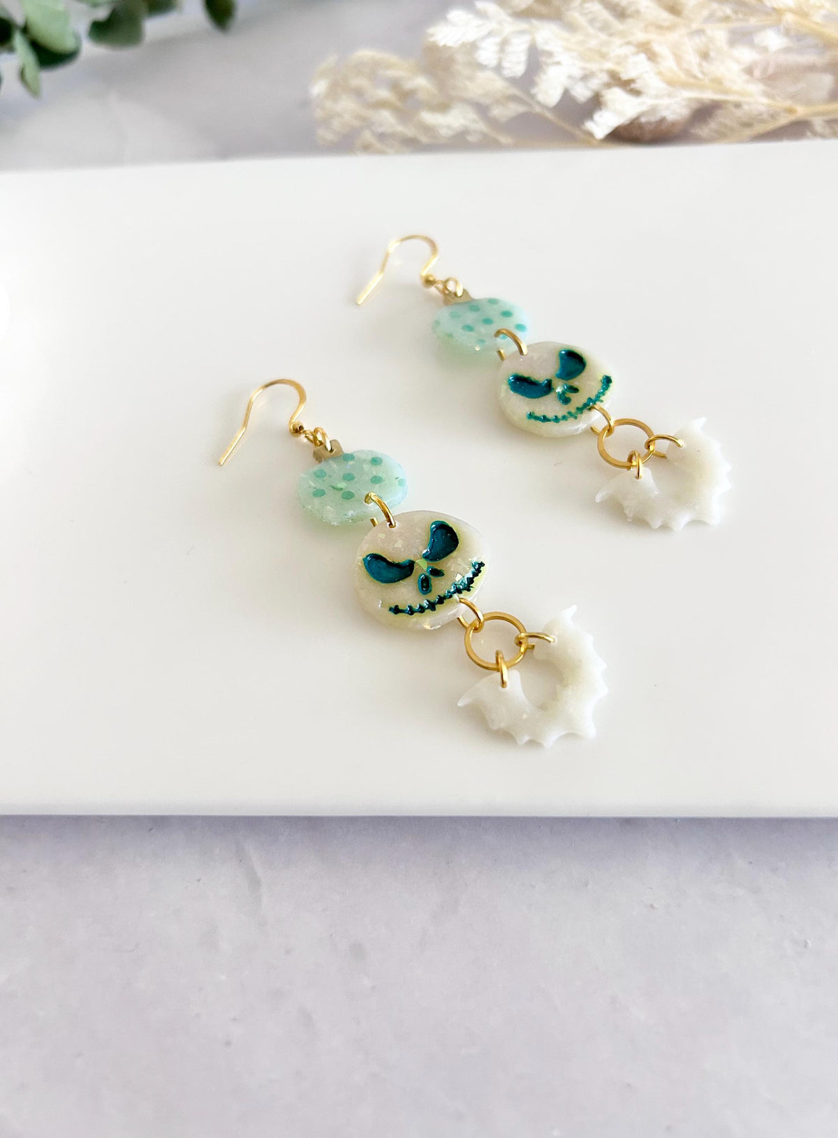 Mint Green Pumpkin Earrings, Skull Bat Long Dangles, Lightweight Hypoallergenic Clay Polka Dot