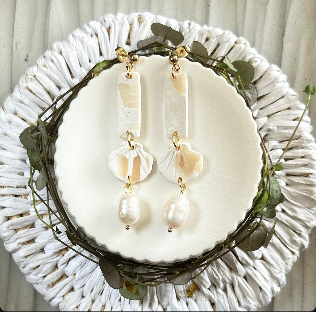 Seashell Earrings, Cream and White Clay Dangles, Coastal Beach Vacation Handmade Jewelry