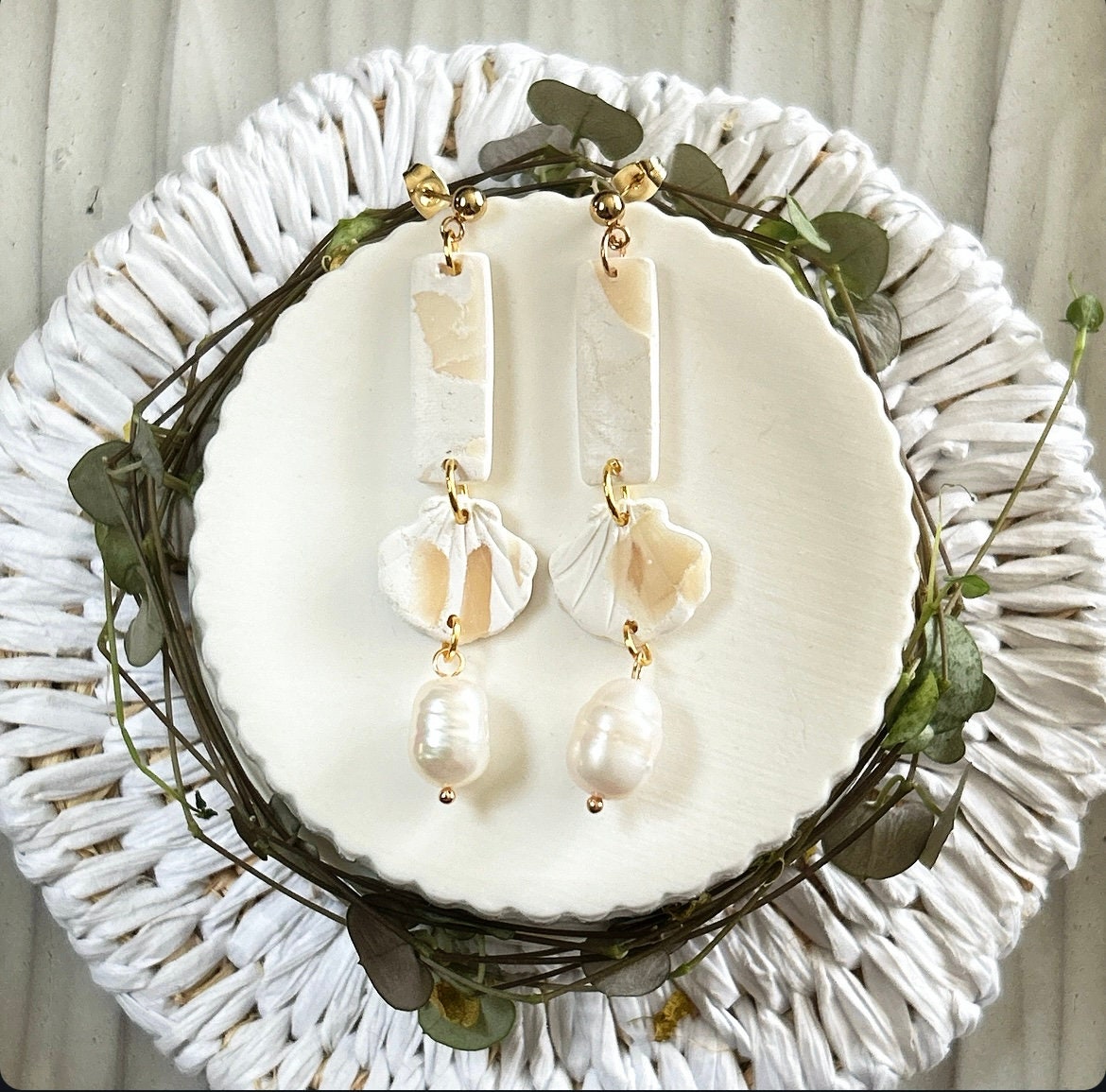 Seashell Earrings, Cream and White Clay Dangles, Coastal Beach Vacation Handmade Jewelry