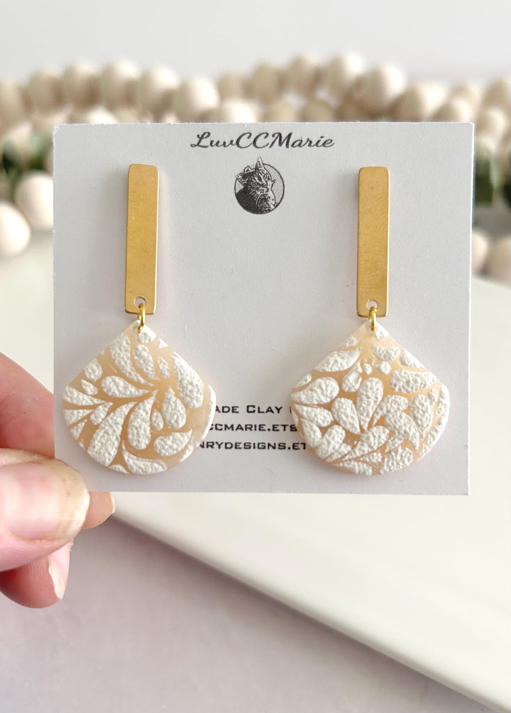 Nude and White Matisse Floral Dangle Earrings, Gold Lightweight Drop Dangles