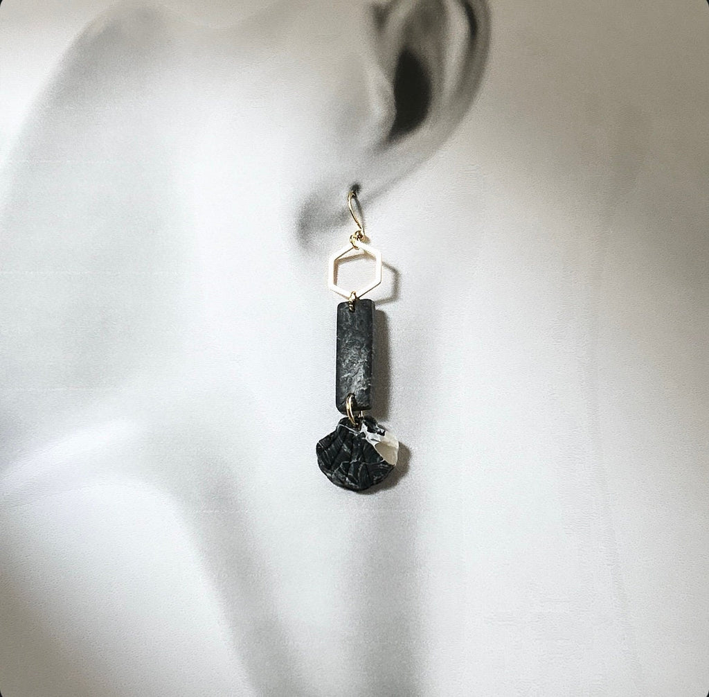Seashell Earrings, Black and Gold Long Dangles, Coastal Beach Vacation Clay Jewelry Wedding Gift