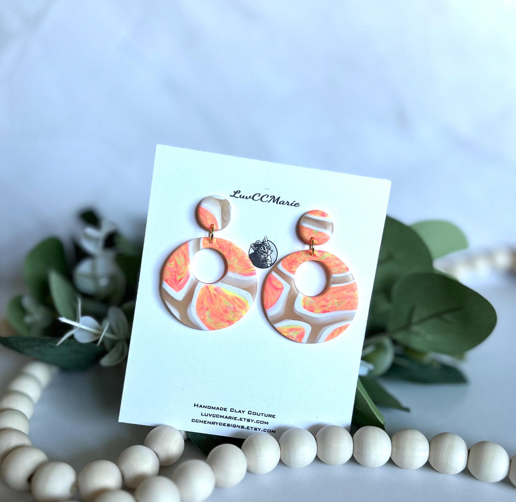 Coral Tortoiseshell Clay Hoop Earrings: Retro Boho Dangles