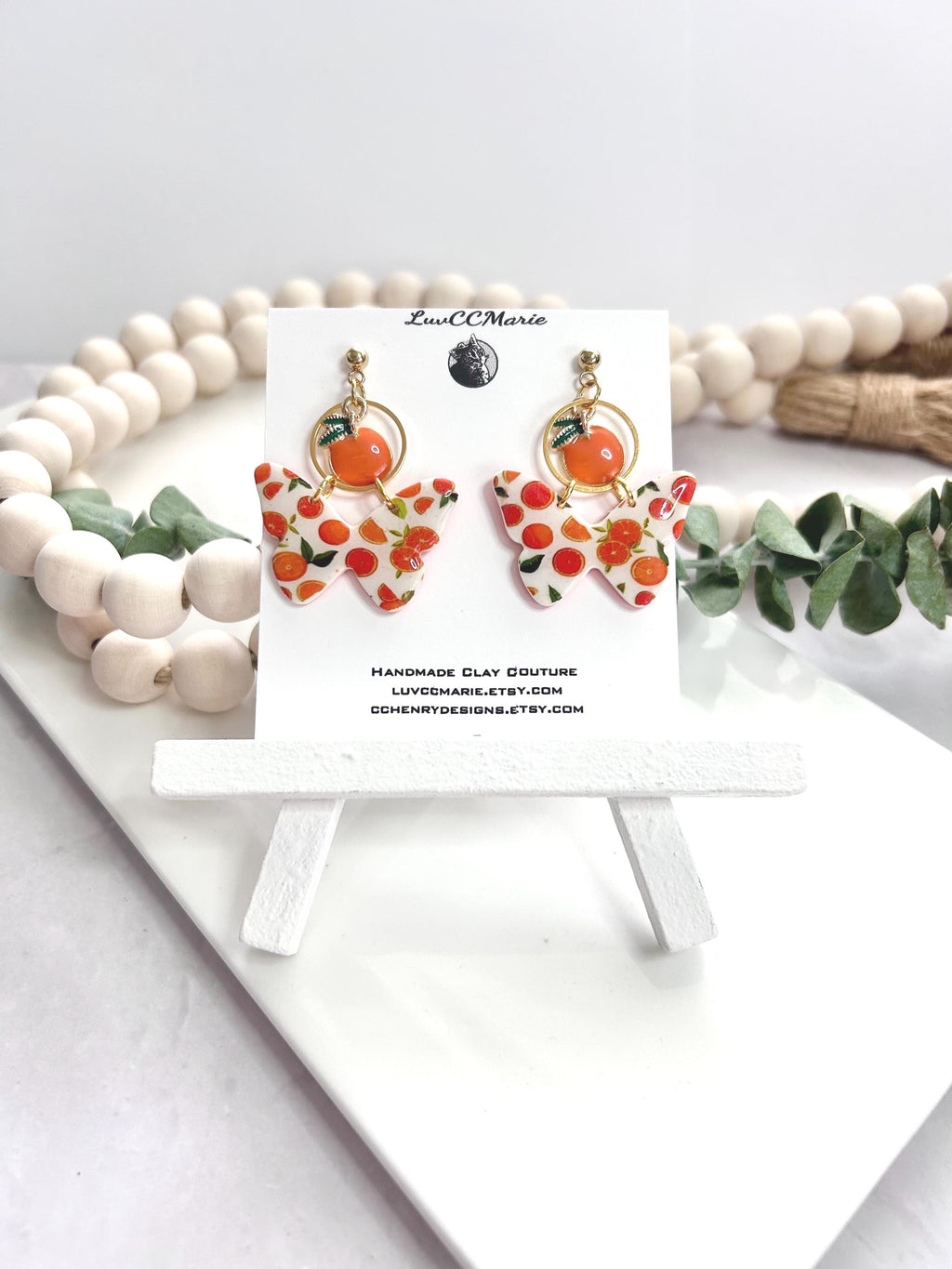 Orange Fruit Butterfly Earrings, Tangerine and White Clay Dangles