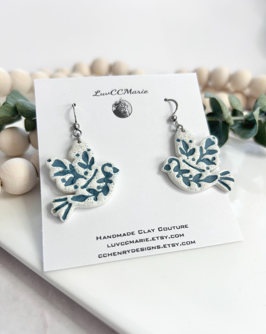 Handmade Clay Dove of Hope Dangle Earrings, Birds of Peace Drop Earrings, Everyday Wear Jewelry Gift