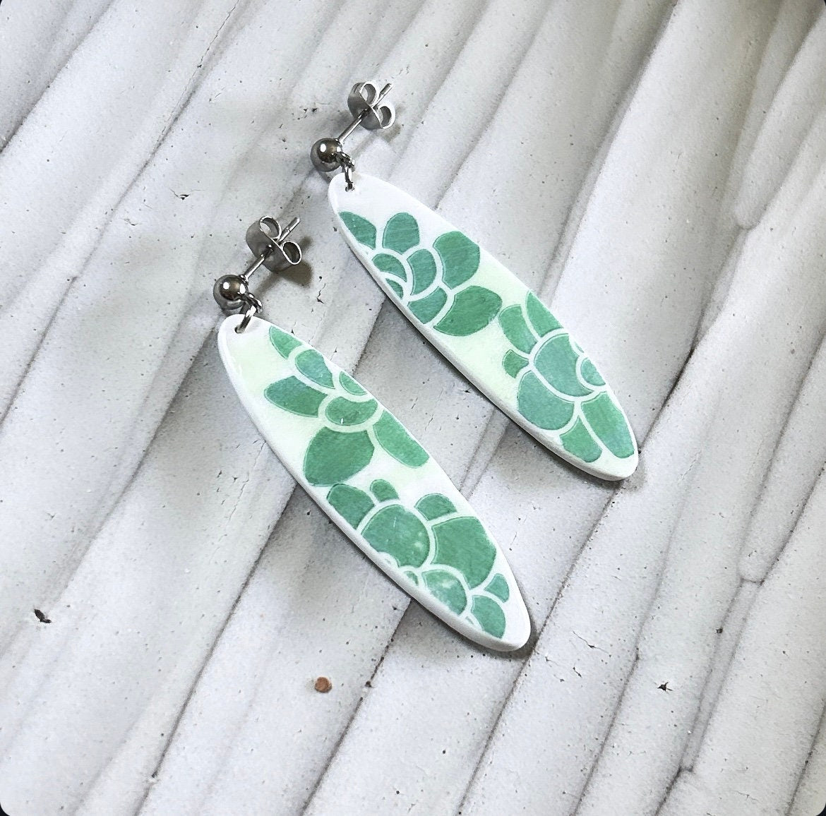 Mint Green Surfboard Earrings, Succulent Plant Dangles, Handmade Clay Coastal Beach Vacation Jewelry