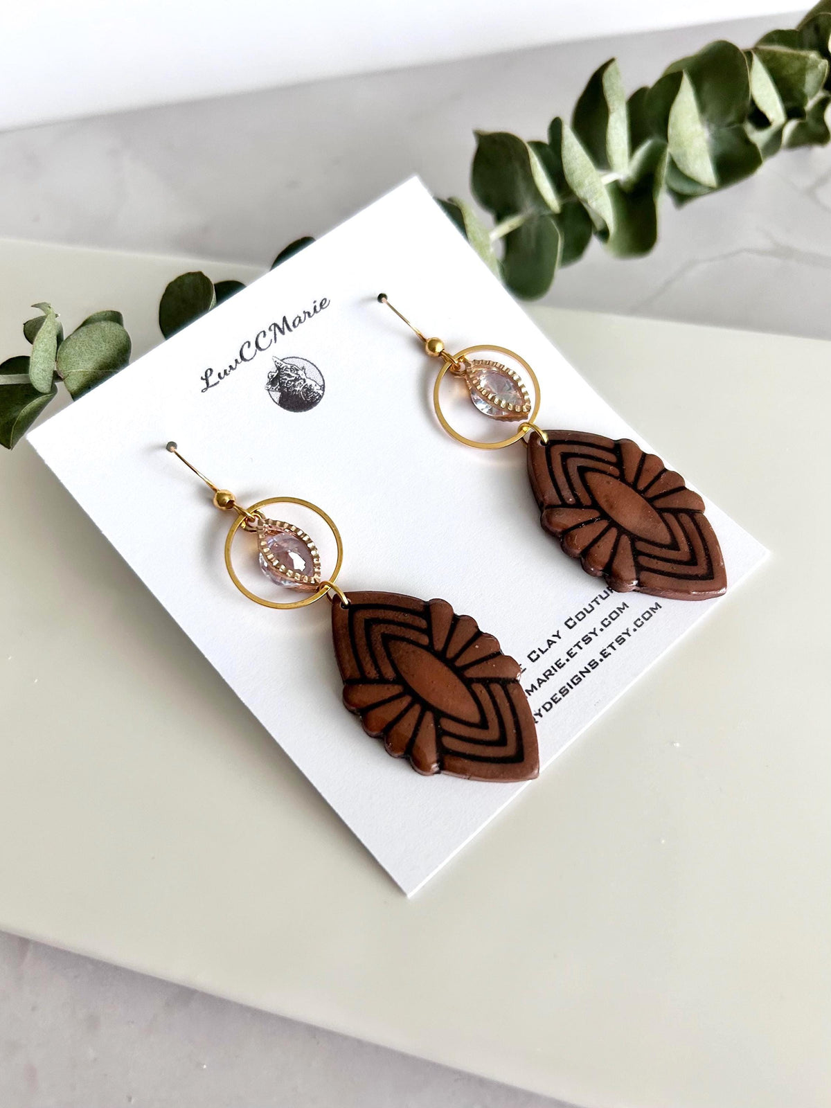 Dark Brown Clay Dangle Earrings: Gold Cubic Zirconia, Boho Wedding Jewelry