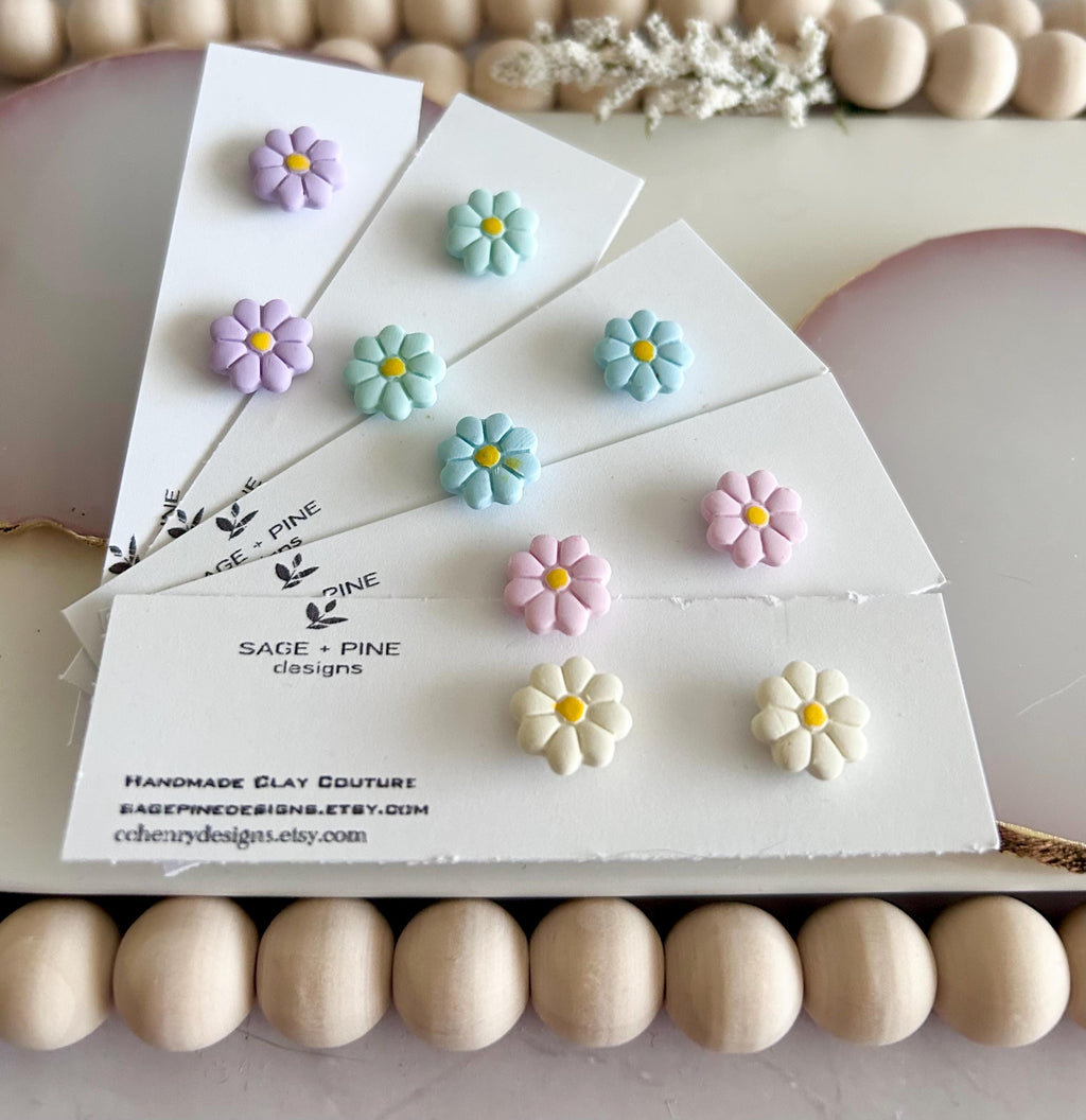 Flower Studs, Daisy Earrings, Boho Clay Floral Jewelry, Purple, Light Blue, Cream, Mint, Pink