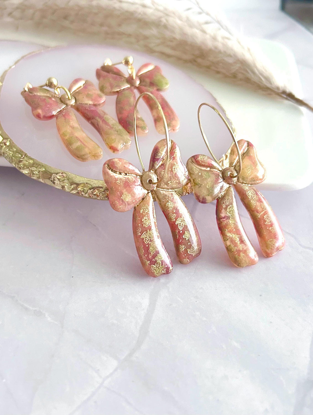 Delicate Falling Leaves Bow Earrings, Autumn tones with Gold Hoops, Boho Clay Handmade Jewelry