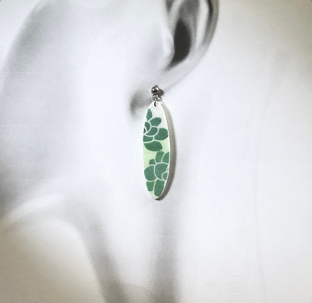 Mint Green Surfboard Earrings, Succulent Plant Dangles, Handmade Clay Coastal Beach Vacation Jewelry