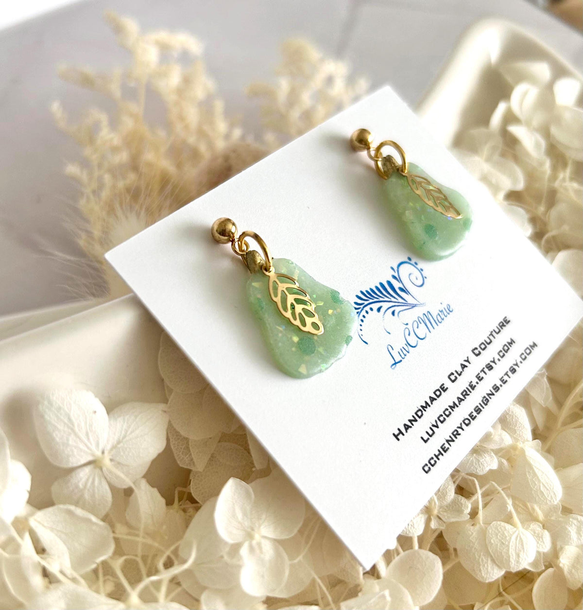 Mint Green Polka Dot Pear Clay Earrings, Pastel Opal Dangles, Handmade Fashion Boho Jewelry
