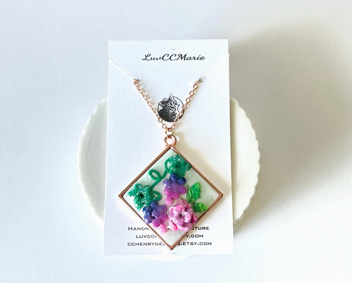 Handmade Polymer Clay Grapes & Rose Pendant Necklace, Rose Gold