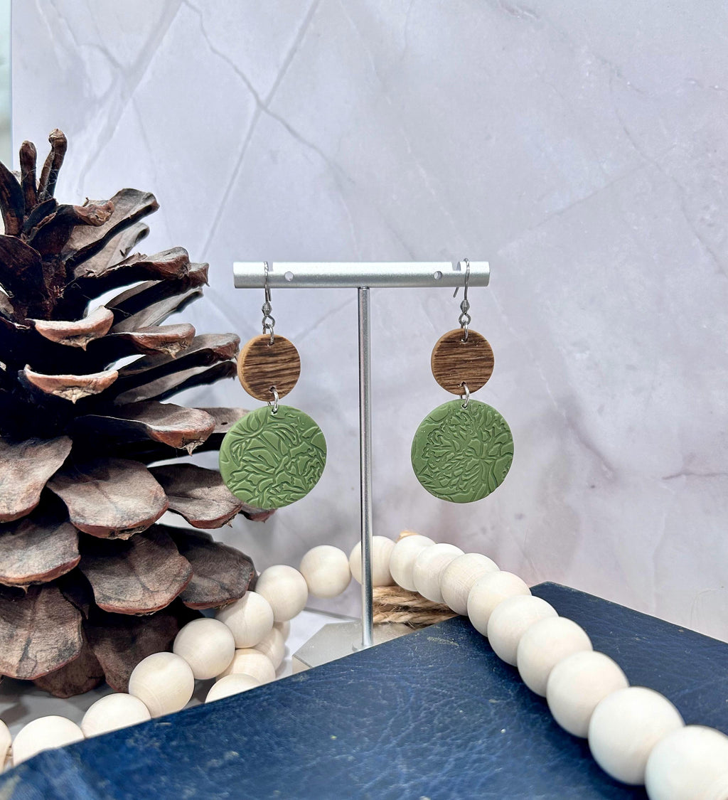 Olive Green Earrings, Stamped Clay Wood Embossed Floral Botanical Boho Handmade Fashion Jewelry