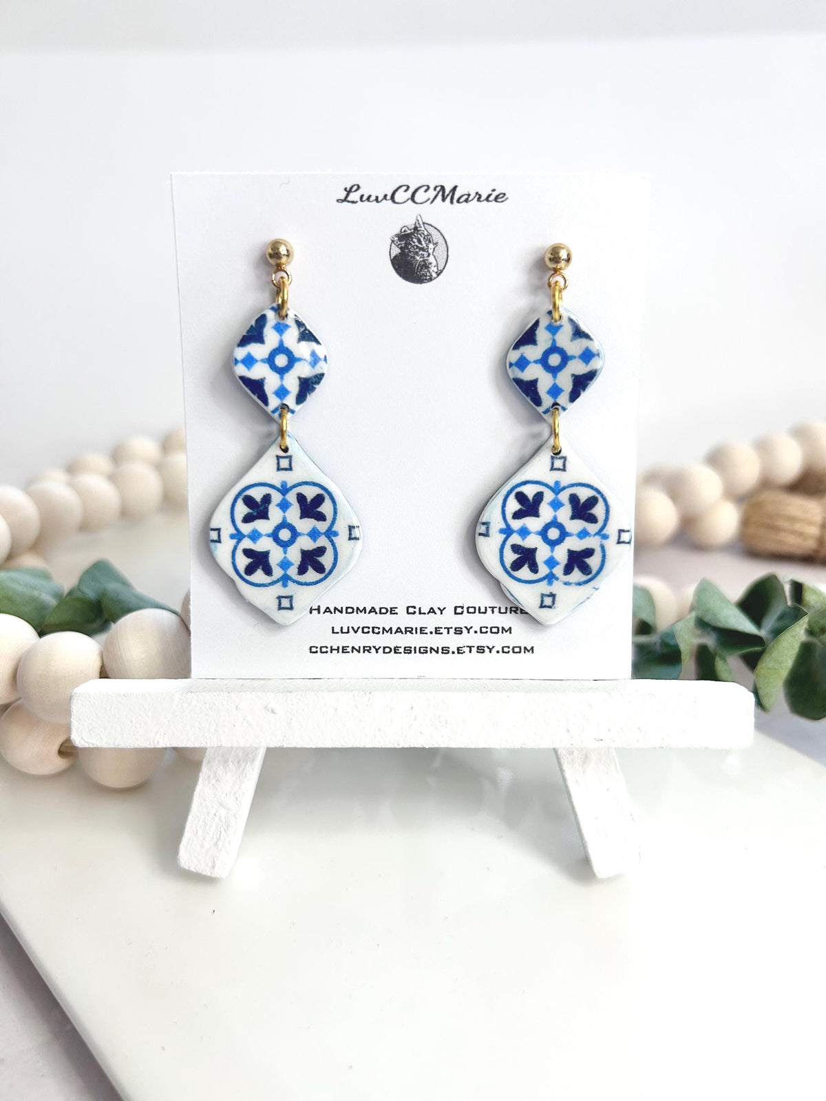 Cobalt Blue Vase Santorini Blue Earrings, Mediterranean Tile Greek Dangles, Handmade Boho Clay Jewelry