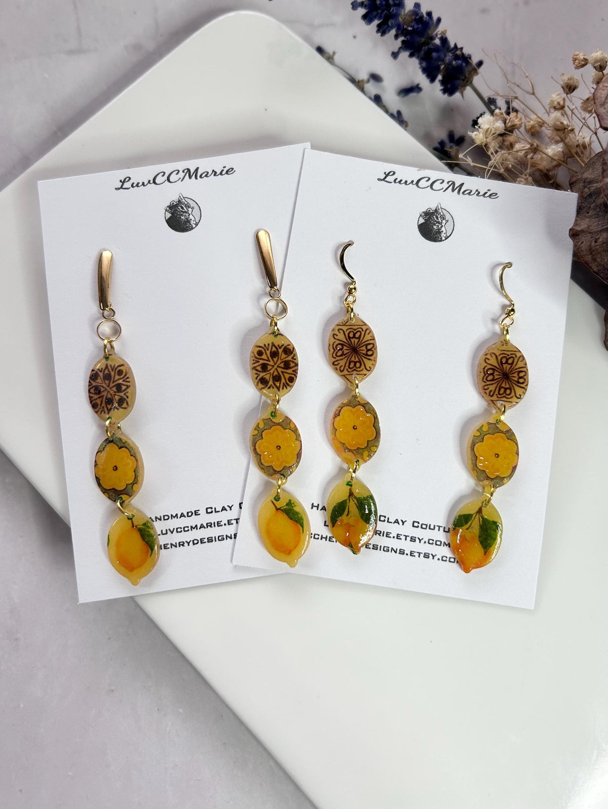 Lemon Mexican Tile Dangles, Santorini Earrings, Yellow Clay Long Handmade Lightweight Hypoallergenic