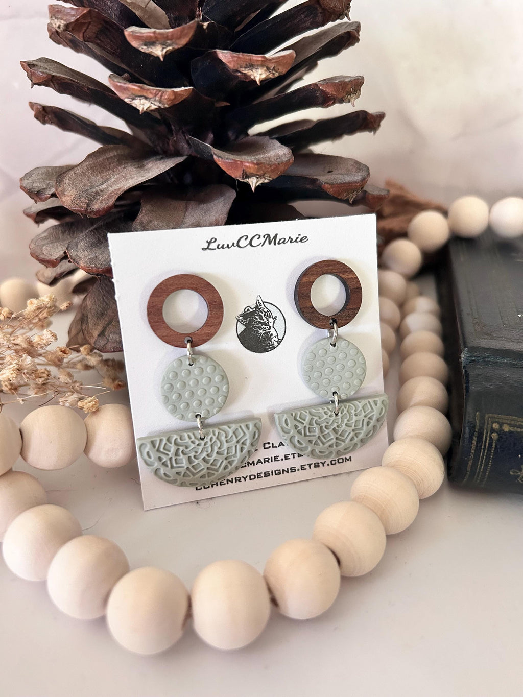 Mandala Polka Dot Clay Earrings, Open Circle Wood Post Stud Dangles, Lightweight Hypoallergenic