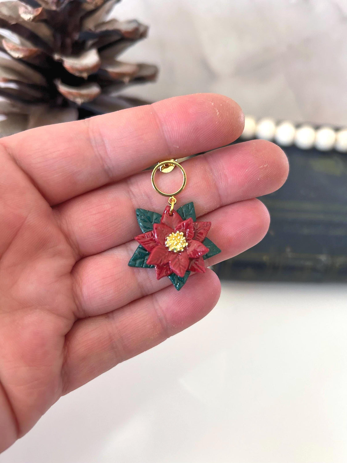 Burgundy Poinsettia Flower Earring, Christmas Dangles, Holiday Jewelry, Stocking Stuffers