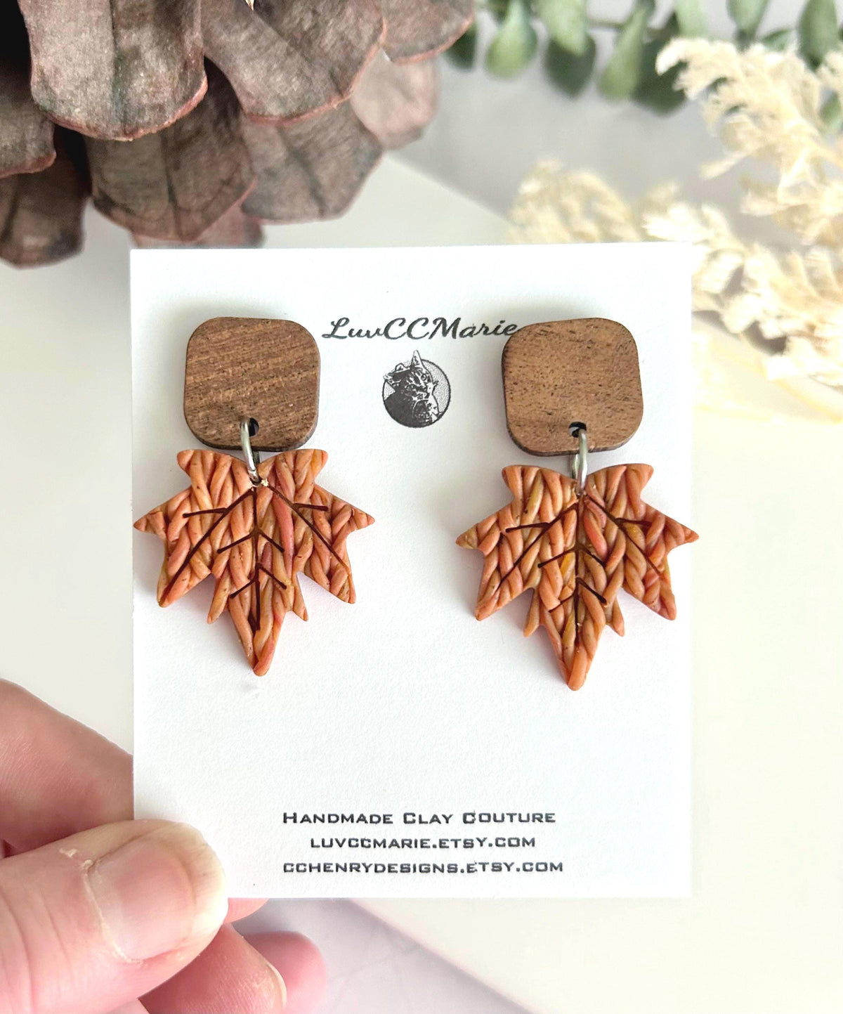 Clay Wood Stud Dangle Earrings, Fall Knit Maple Leaf Dangles, Mustard, Brown, Orange