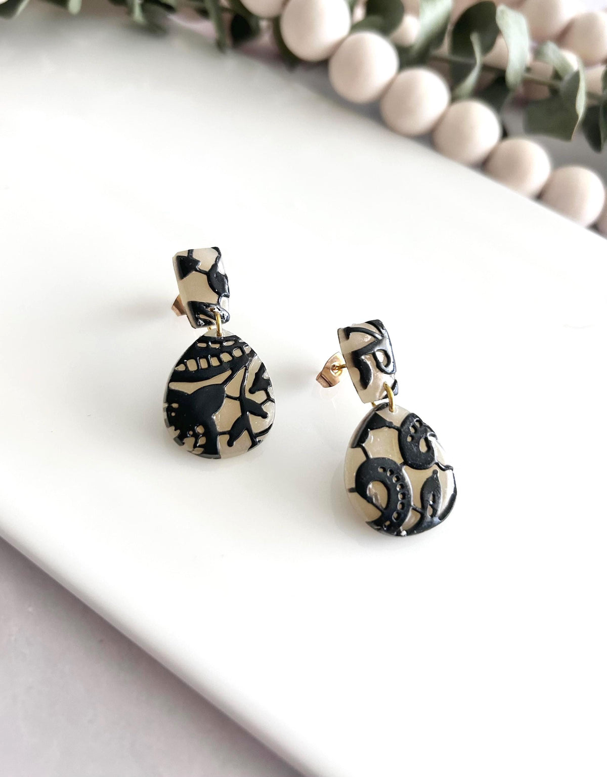 Black and Nude Lace Stud Drop Earrings, Elegant Wedding Clay Jewelry, Bridal Gift
