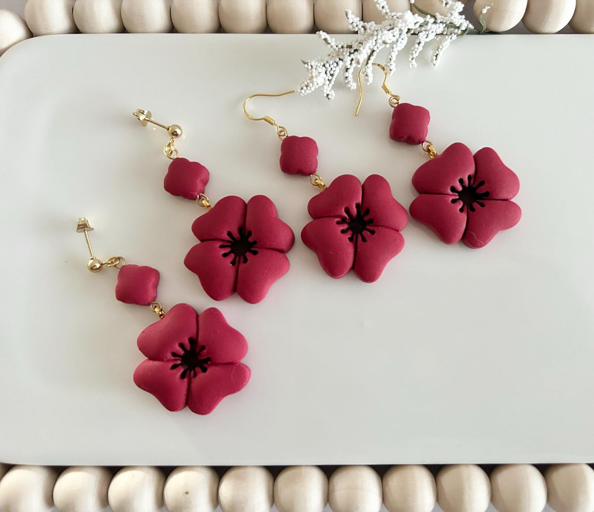 Dark Red Poppy Earrings, Polymer Clay Flora Dangles, Handmade Boho Jewelry Gift