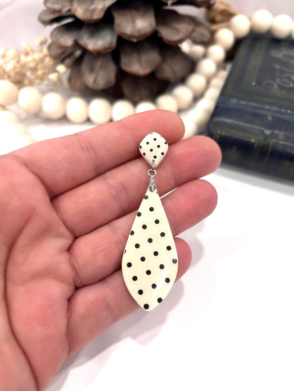 Polka Dot Earrings, Black and White Drop Earrings, Long Teardrop Clay Dangles, Handmade Jewelry