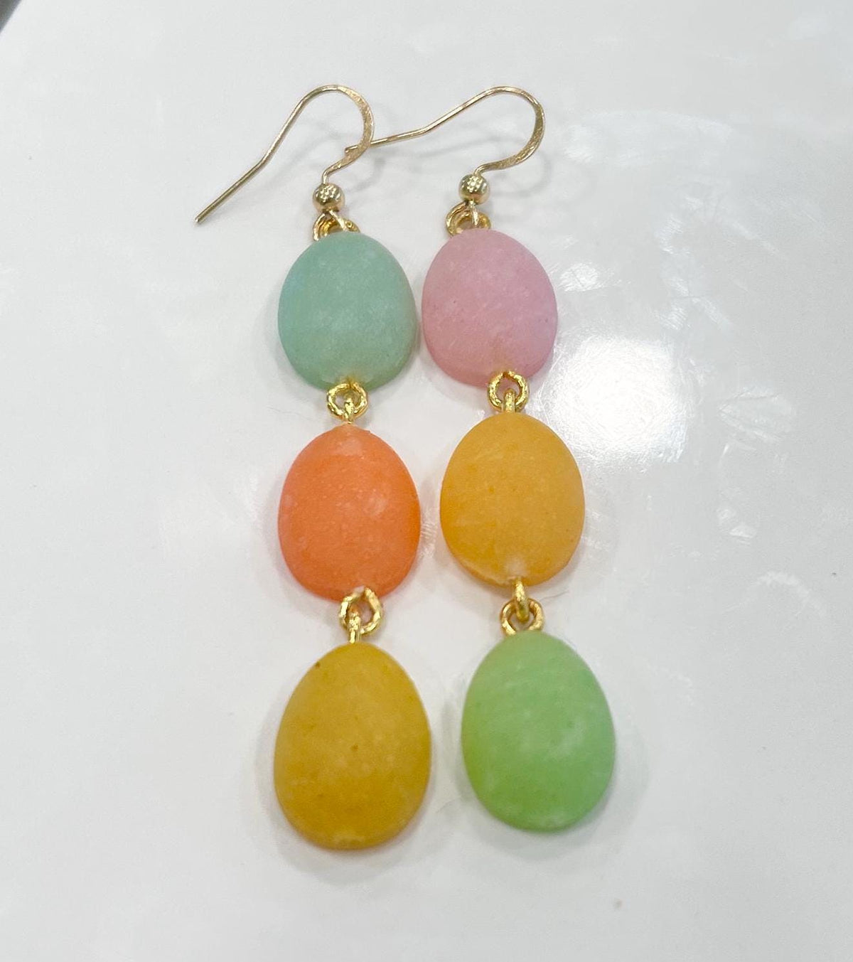 Handmade Long Pastel Egg Clay Earrings, Jelly Bean Dangles, Speckled Easter Statement Jewelry