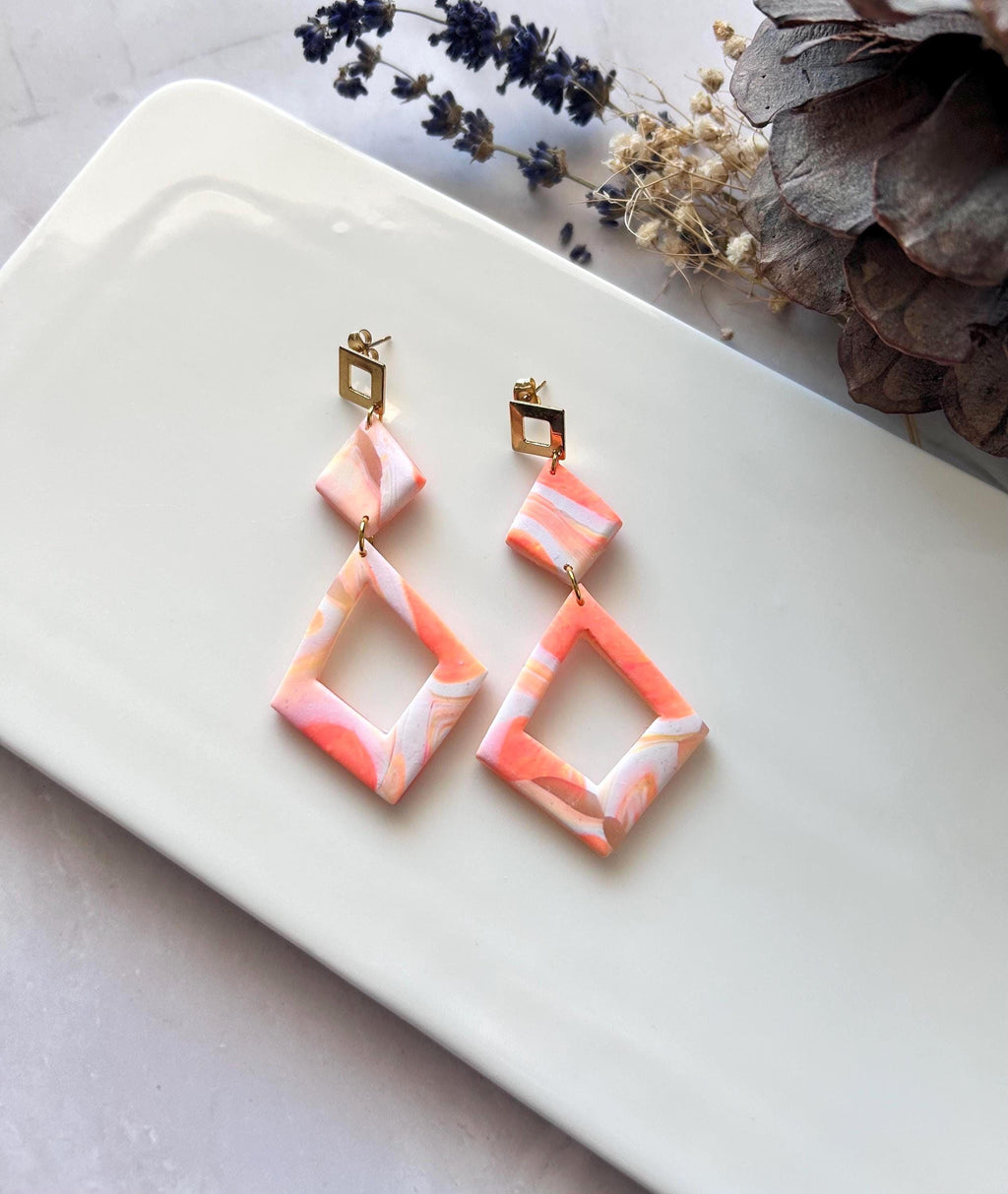 Coral Statement Dangle Earrings, Geometric Dangles, Handmade Lightweight Boho Jewelry