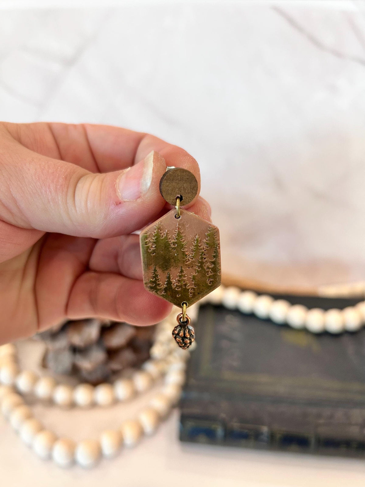 Handmade Forest Green Tree Earrings: Copper Pine Cone, Boho Dangles
